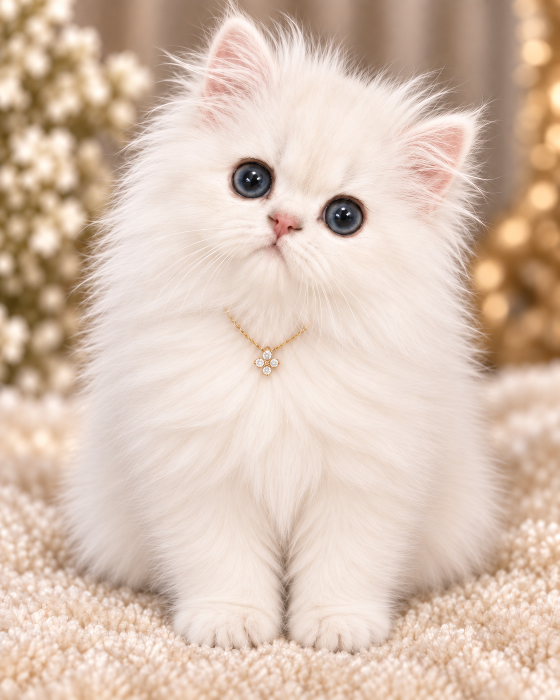 Shaded Silver Dollface Persian kitten with a gold necklace
